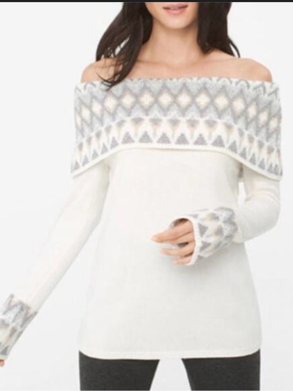 White House Black Market Cream/Ecru Off-the-Shoulder Fair Isles Sweater Large
